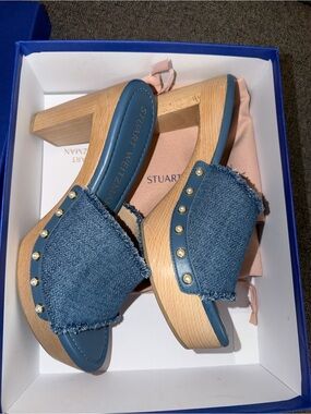 Stuart Weitzman Denim Blue Pearl Studded Wood-Block Heel Mules